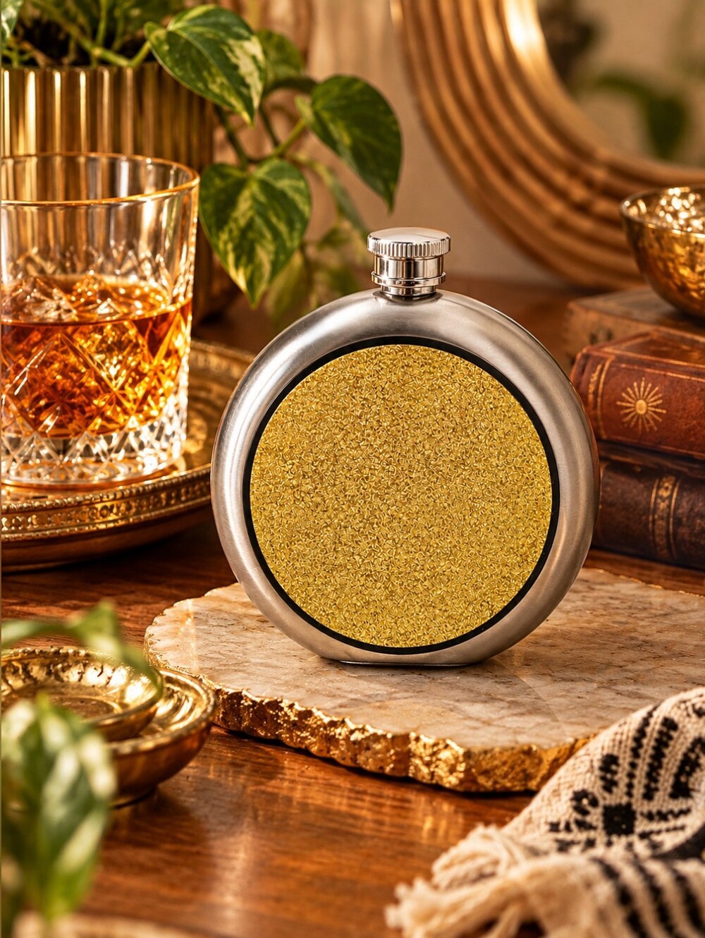 Round Stainless Steel 10 Oz Hip Flask Gold Glitter Silver Liquor Flask